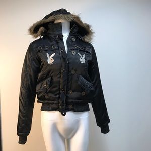 Playboy Black Hooded Bomber Jacket with Faux Fur Trim